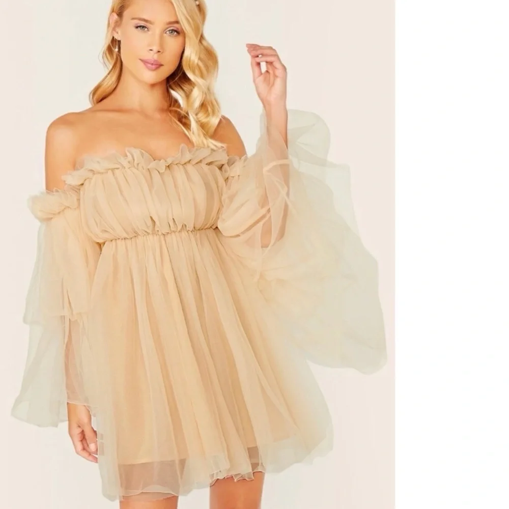 Ruffle dress mesh off shoulder fairy layer cream - Picture 3 of 14